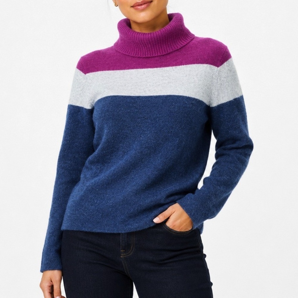 Lands End 100% Cashmere Sweater Women L Blue Colorblock Turtleneck Luxury Classy